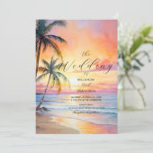 Zielort Sunset Beach Hochzeitseinladung Einladung (Stehend Vorderseite)