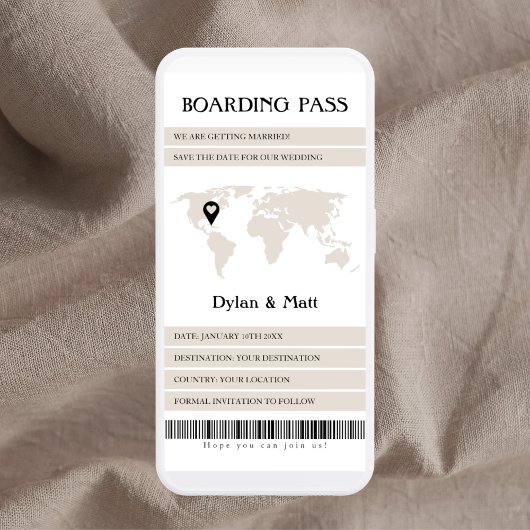 Zielseite: Beige Electronic Boarding Pass Save The Date