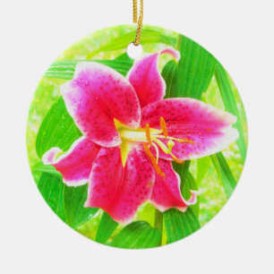 Ziemlich tiefrosa Stargazer-Lilie auf Lindgrün Keramik Ornament