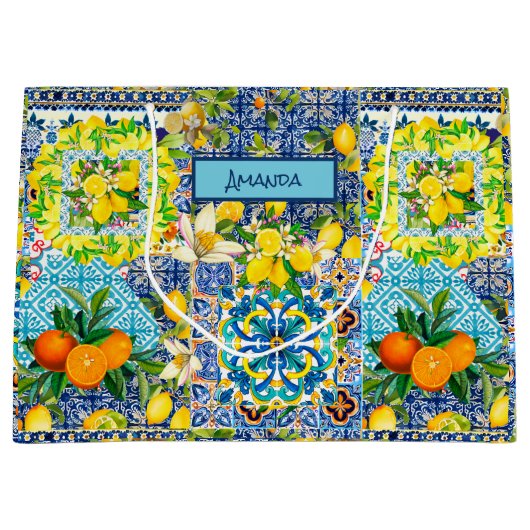 Zierblauer türkisblaue sizilianische Zitrusfliesen Große Geschenktüte (Vorderseite)