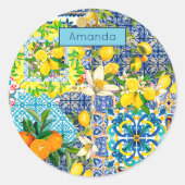 Zierblauer türkisblaue sizilianische Zitrusfliesen Runder Aufkleber (Vorderseite)