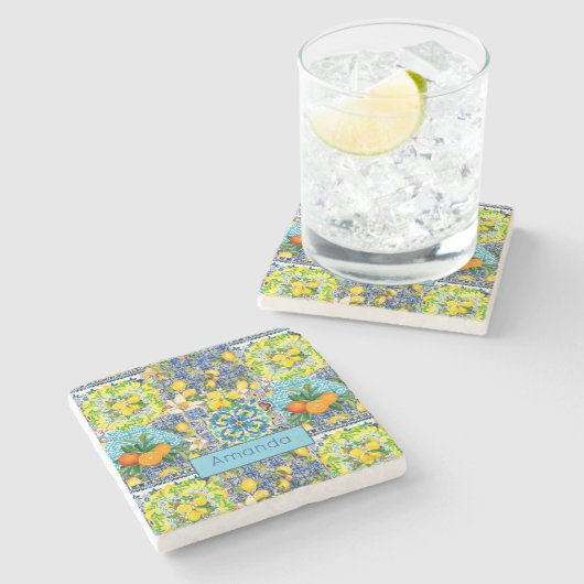 Zierblauer türkisblaue sizilianische Zitrusfliesen Steinuntersetzer (Seitenansicht)