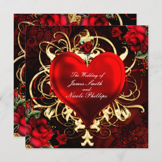 Zierblumen Schwarzes Rotes Gold Einladungen (Vorne/Hinten)