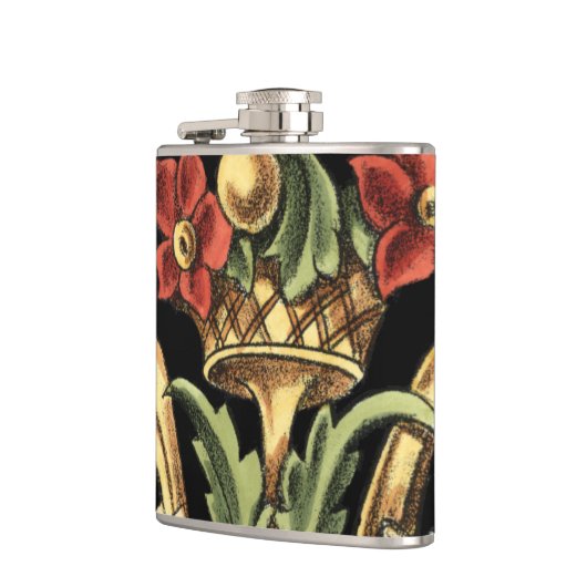 Zierblumendesign an schwarzen Grenzen Flachmann (Links)