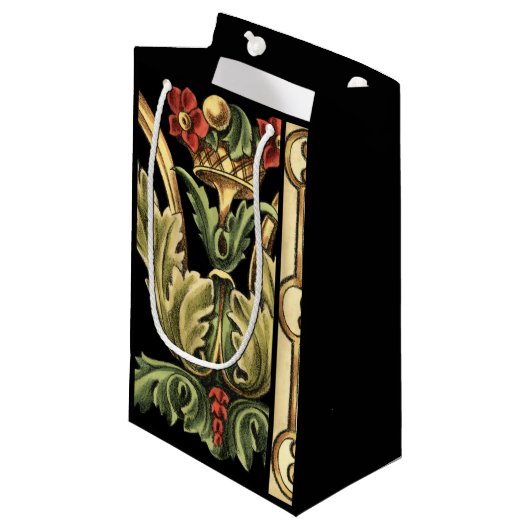 Zierblumendesign an schwarzen Grenzen Kleine Geschenktüte (Vorderseite Schrägansicht)