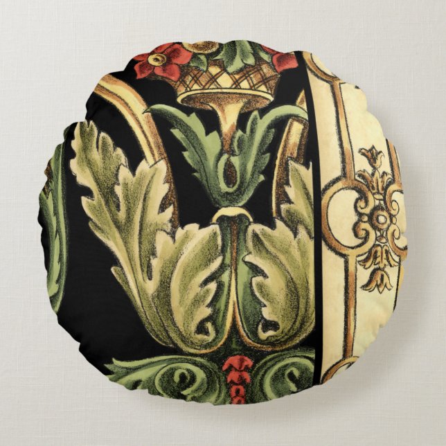 Zierblumendesign an schwarzen Grenzen Rundes Kissen (Vorderseite)