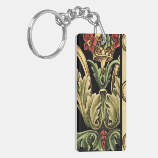 Zierblumendesign an schwarzen Grenzen Schlüsselanhänger (Vorderseite links)