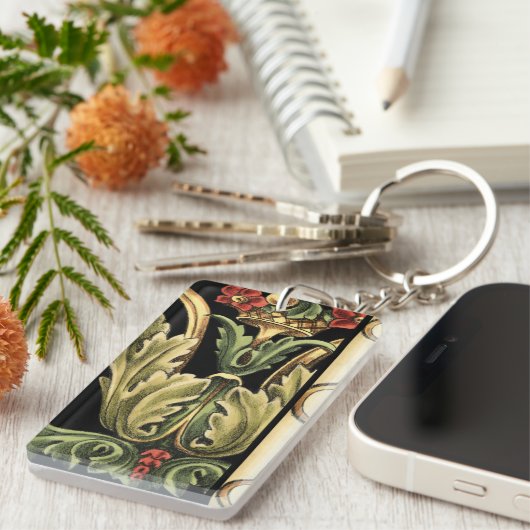 Zierblumendesign an schwarzen Grenzen Schlüsselanhänger (Vorderseite rechts)