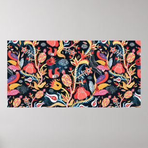 Zierblumenmuster mit Vögeln auf dunklem Bach Poster