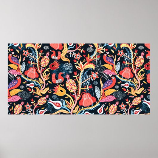 Zierblumenmuster mit Vögeln auf dunklem Bach Poster (Vorne)