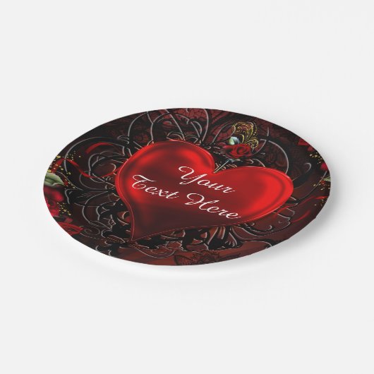 Zierflora Schwarzes und Rotes Party Pappteller (Schrägansicht)