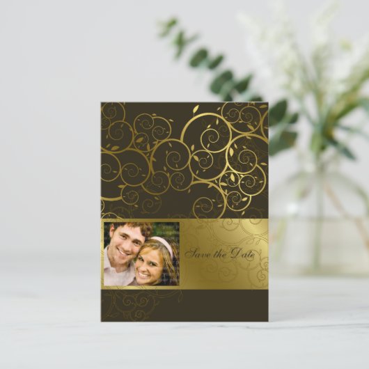 Ziergoldspirale Save the Date Postkarte (Stehend Vorderseite)