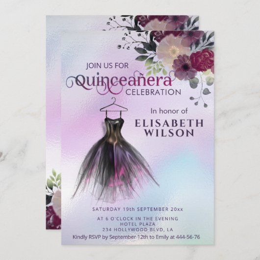 Zierkleid Quinceañera Einladung (Vorne/Hinten)