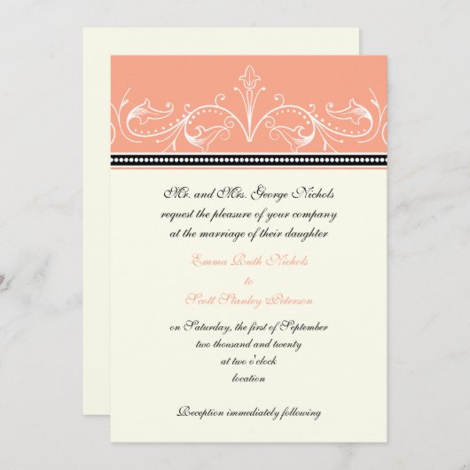 Zierkorallenweiße Hochzeitseinladung Einladung (Vorne/Hinten)