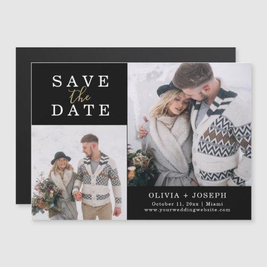 Zierlich | Zwei Fotos Hochzeit speichern das Datum Magneteinladung (Vorne/Hinten)