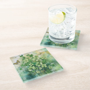 ZIERLICHE IRISCHE SHAMROCKS & SCHMETTERLINGE GLASUNTERSETZER