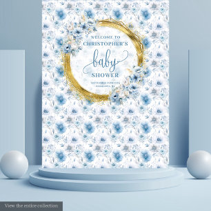 Zierliches Pastellblau Gold Blumen Baby Shower Ban Wandteppich