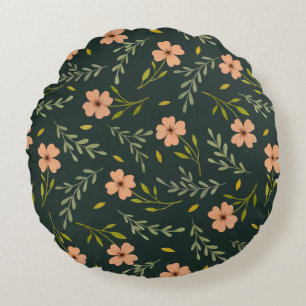 Zierliches Watercolor-Blumenmuster in dunklem Grün Rundes Kissen