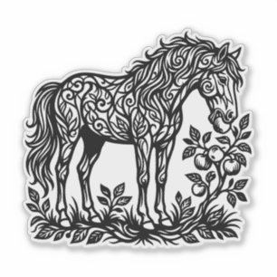 Zierpferd, das Äpfel frisst, florale Silhouette Aufkleber