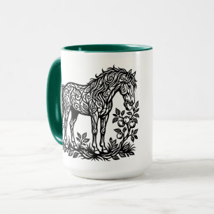 Zierpferd, das Äpfel frisst, florale Silhouette Tasse
