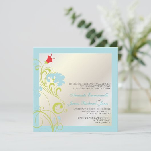 Zierrebe/Aqua blau/grün/grau Einladung (Stehend Vorderseite)