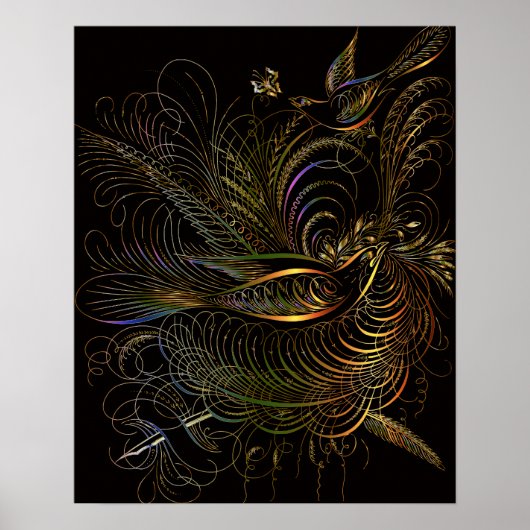 ZIERVÖGEL SCHWARZ GOLD BOTANISCHE KUNST POSTER (Vorne)