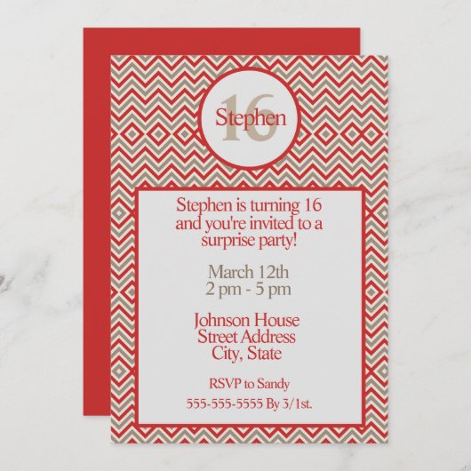 Zig Zag Red White und Tan Birthday Einladung (Vorne/Hinten)