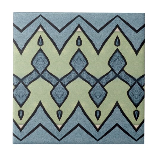 Zigzag Blue und Green Geometric Vintag Fliese (Vorderseite)
