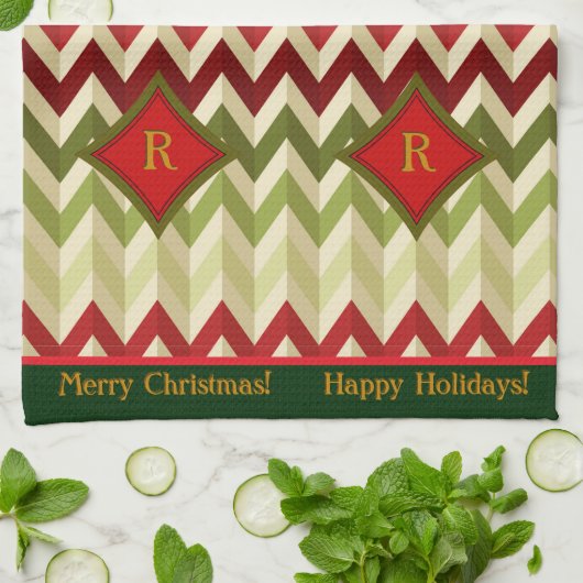 Zigzag Christmas (Mit Monogramm) Geschirrtuch (Gefaltet)