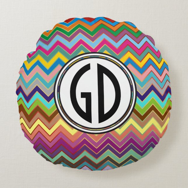 ZIGZAG Muster - Farbe + Monogramm Rundes Kissen (Vorderseite)