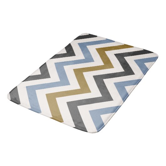 Zigzag Muster Gold Gray & Blue auf Creme Badematte (Schrägansicht)