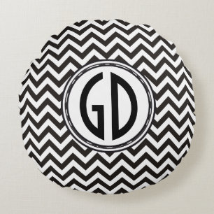 ZIGZAG Muster - schwarz + Ihr Backgr. & Monogramm Rundes Kissen