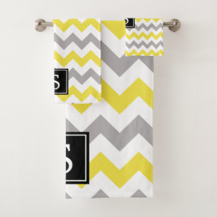 Zigzag Muster, Zickzack, gelb, grau, monogramm Badhandtuch Set