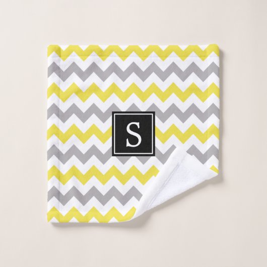Zigzag Muster, Zickzack, gelb, grau, monogramm Badhandtuch Set (Waschlappen)