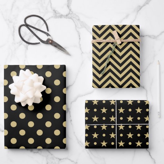ZigZag Stars Muster für schwarze und goldene Fleck Geschenkpapier Set (Vorderseite)