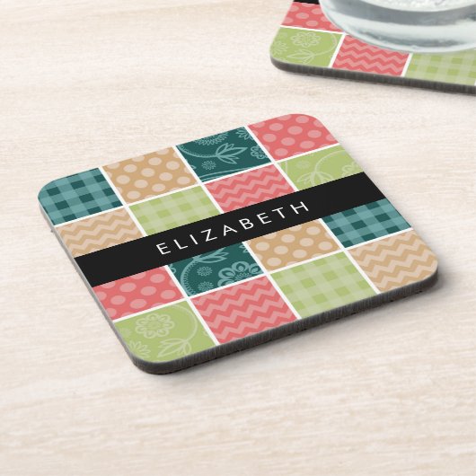 Zigzag, Zickzack, Gingham, Polka Dots, Ihr Name Getränkeuntersetzer (Linke Seite)