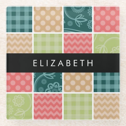 Zigzag, Zickzack, Gingham, Polka Dots, Ihr Name Glasuntersetzer (Vorderseite)