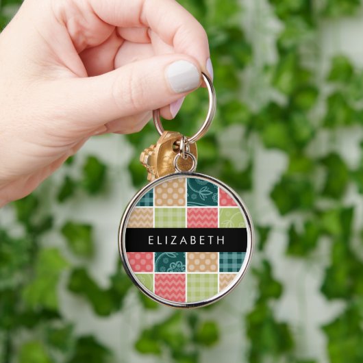 Zigzag, Zickzack, Gingham, Polka Dots, Ihr Name Schlüsselanhänger (Hand)
