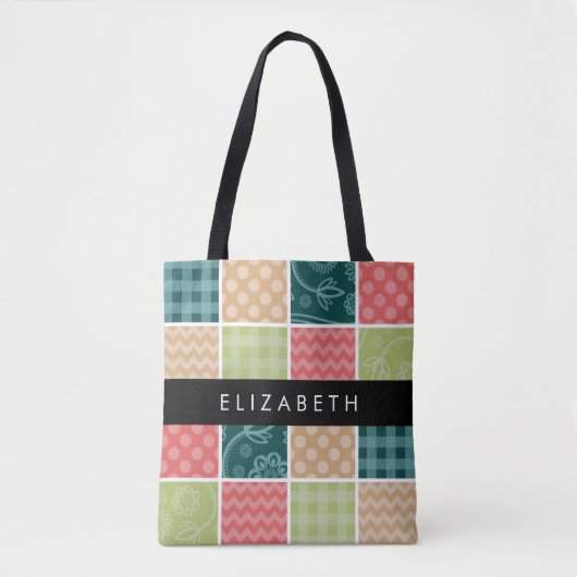 Zigzag, Zickzack, Gingham, Polka Dots, Ihr Name Tasche (Vorderseite)