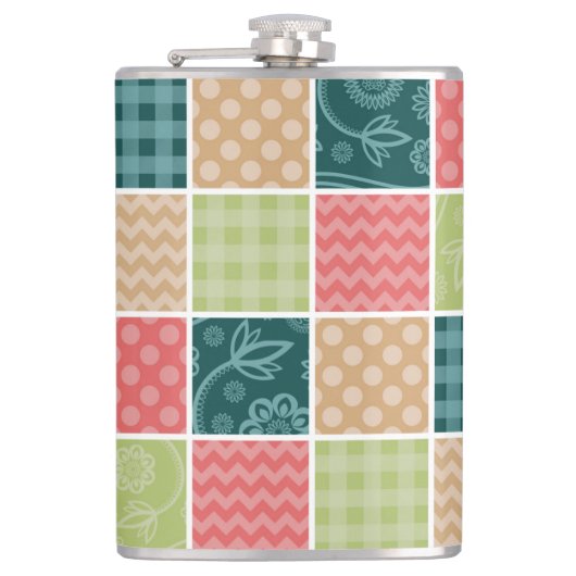 Zigzag, Zickzack, Gingham, Polka Dots, Patchwork Flachmann (Vorderseite)