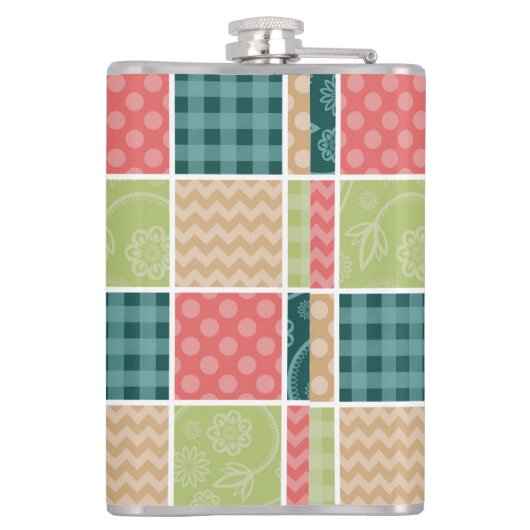 Zigzag, Zickzack, Gingham, Polka Dots, Patchwork Flachmann (Rückseite)