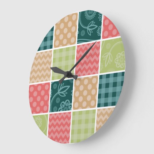 Zigzag, Zickzack, Gingham, Polka Dots, Patchwork Große Wanduhr (Winkel)