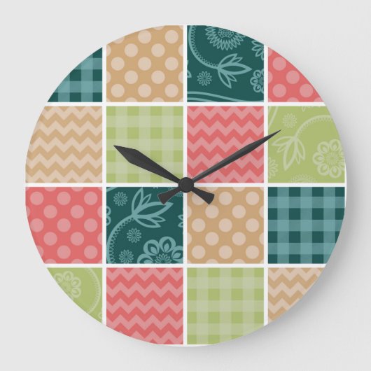 Zigzag, Zickzack, Gingham, Polka Dots, Patchwork Große Wanduhr (Vorderseite)