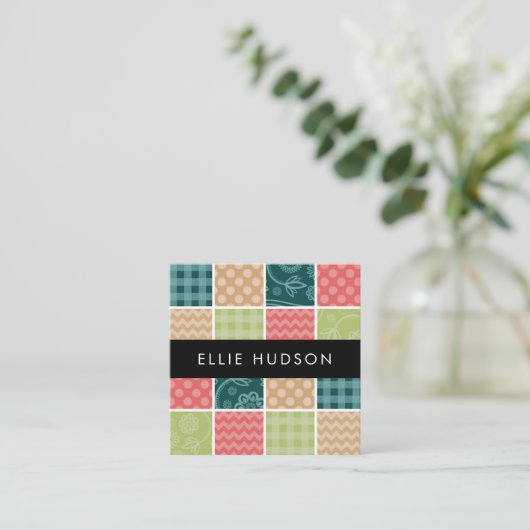 Zigzag, Zickzack, Gingham, Polka Dots, Patchwork Quadratische Visitenkarte (Stehend Vorderseite)
