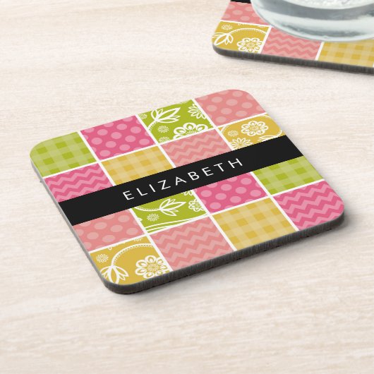 Zigzag, Zickzack, Polka Dots, Gingham, Ihr Name Getränkeuntersetzer (Linke Seite)