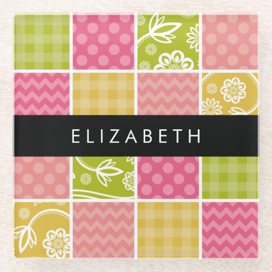 Zigzag, Zickzack, Polka Dots, Gingham, Ihr Name Glasuntersetzer (Vorderseite)