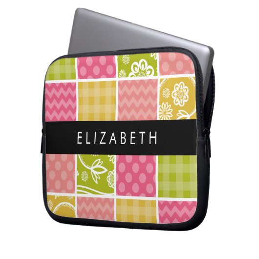 Zigzag, Zickzack, Polka Dots, Gingham, Ihr Name Laptopschutzhülle (Vorderseite Links)