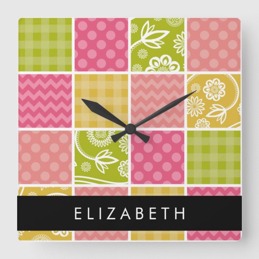 Zigzag, Zickzack, Polka Dots, Gingham, Ihr Name Quadratische Wanduhr (Vorderseite)