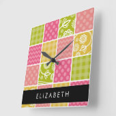 Zigzag, Zickzack, Polka Dots, Gingham, Ihr Name Quadratische Wanduhr (Winkel)