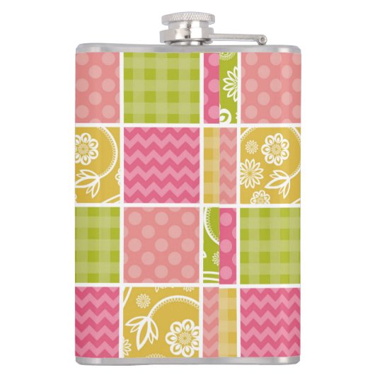 Zigzag, Zickzack, Polka Dots, Gingham, Patchwork Flachmann (Rückseite)